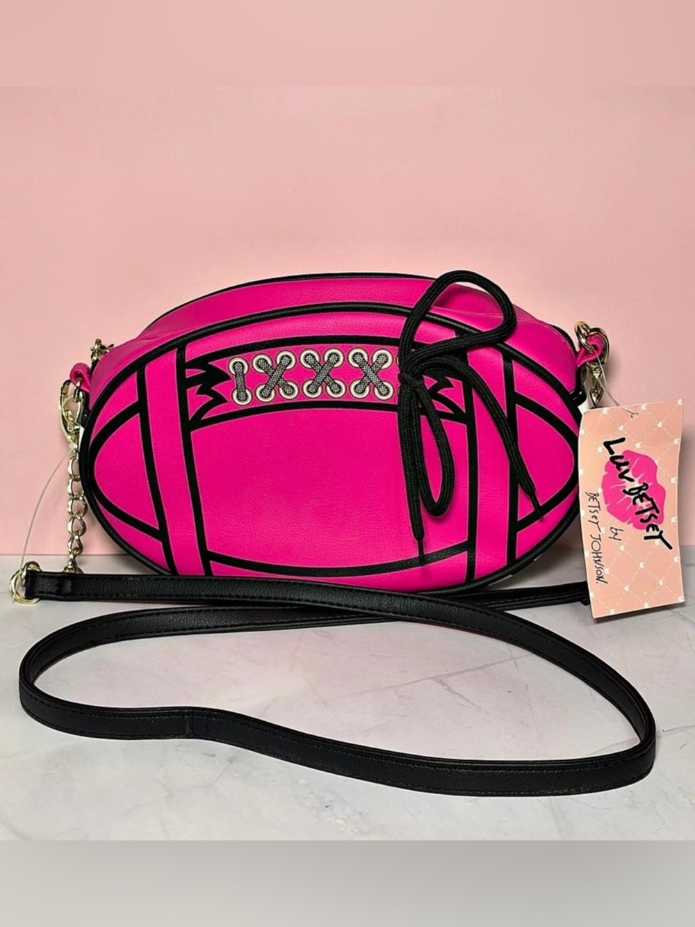 Betsey Johnson Fuchsia Ball Shaped Crossbody Bag in Pink, Black & White NWT